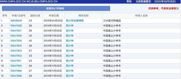 嵩山少林寺注册的西少林商标 来源:网络截图