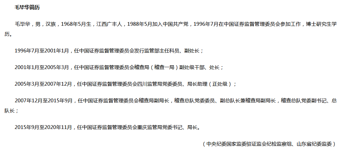 证监会重庆监管局原党委书记局长毛毕华接受审查调查