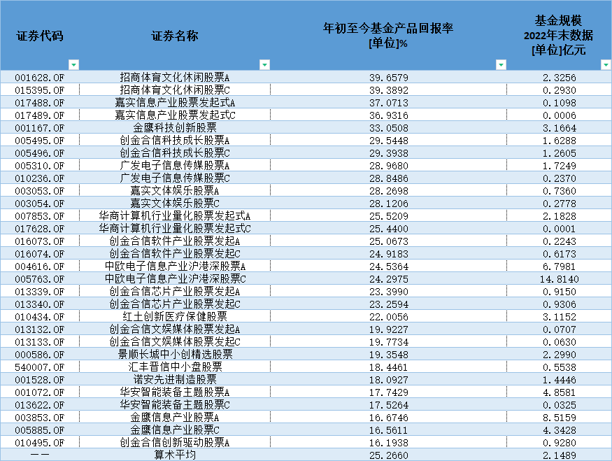 普通股票型基金年内收益榜前30  数据来源：东方财富Choice