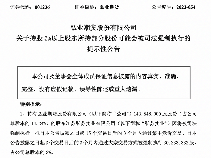 与中航信托纠纷延续，弘苏实业所持弘业期货3%股份将被强制执行