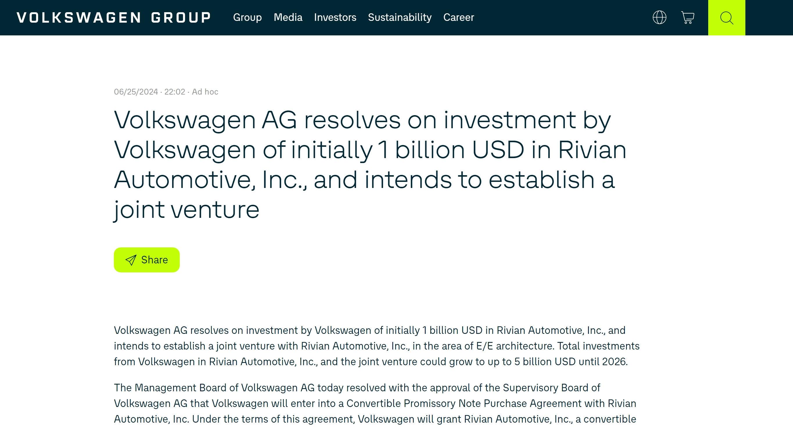 拟投资50亿美元！大众将与Rivian成立合资公司，预计今年四季度完成交割