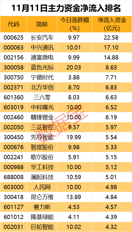 主力资金丨尾盘资金大手笔加仓11股