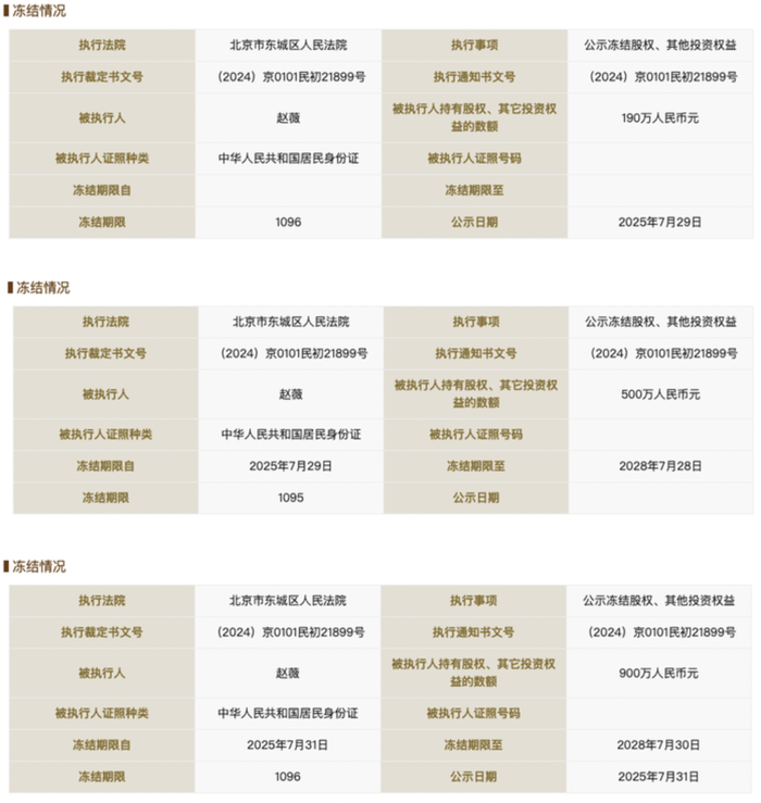 赵薇所持有的三家公司股权冻结情况 数据来源：国家企业信用信息公示系统网站